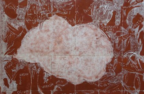 Lockdown Cloud. Mono-type. 88cm x 72cm. Printed from copper plate. Charbonnel red ochre.
