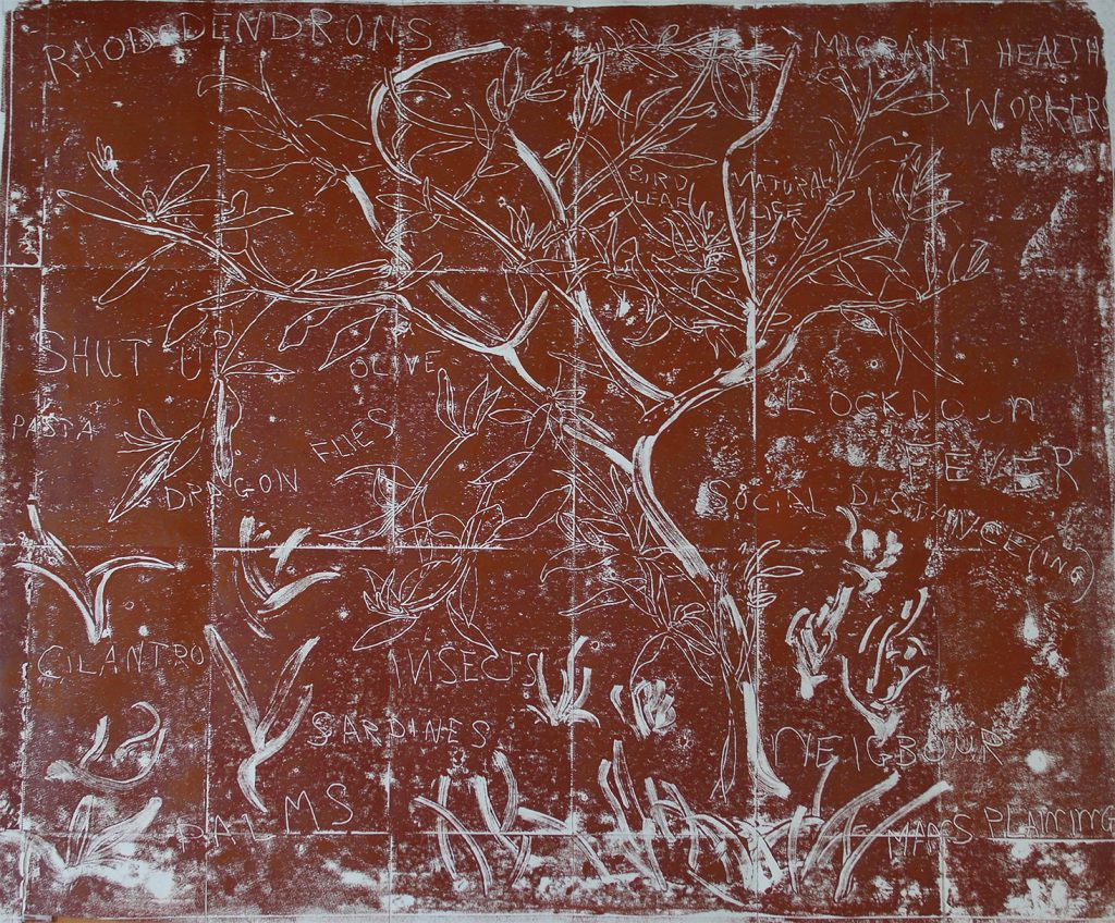 Lockdown Pine Tree. Mono-type. 88cm x 72cm. Printed from copper plate. Charbonnel red ochre.