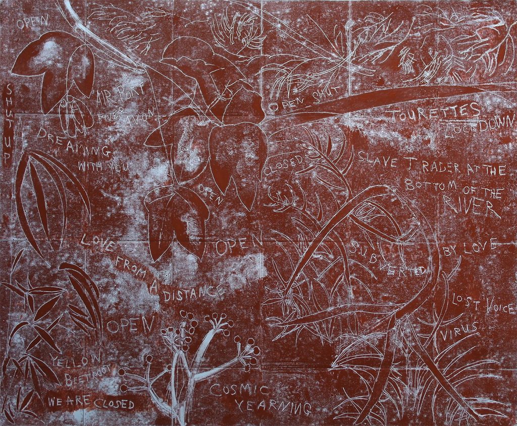 Lockdown: Slave Trader At The Bottom Of The River. Mono-type. 88cm x 72cm. Printed from copper plate. Charbonnel red ochre.
